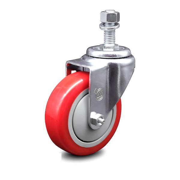 4 Inch Red Polyurethane Wheel Swivel 12mm Threaded Stem Caster SCC